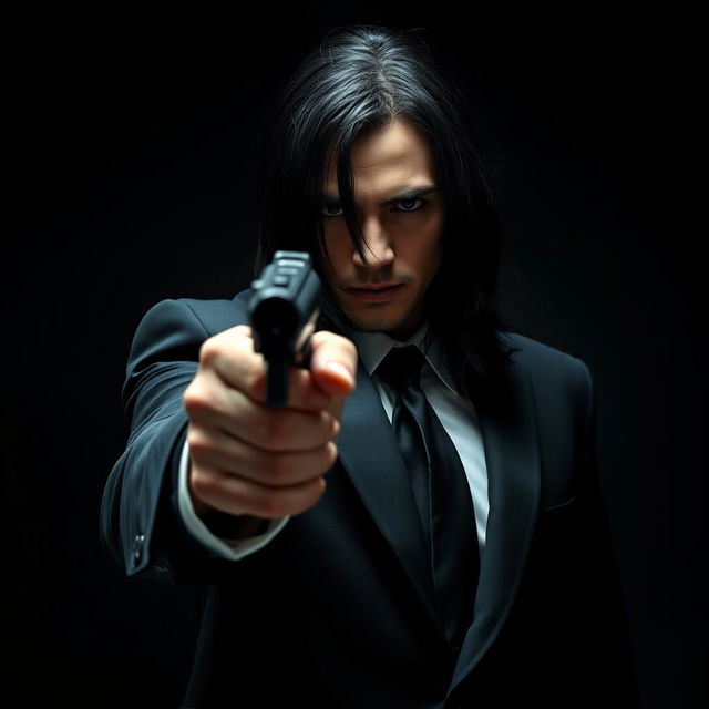 A male hitman with long black hair, pointing a firearm directly at the viewer, exuding an aura of menace and mystery