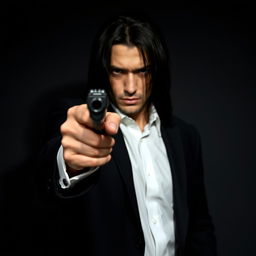 A male hitman with long black hair, pointing a firearm directly at the viewer, exuding an aura of menace and mystery