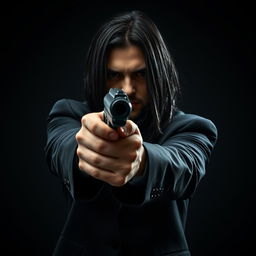 A male hitman with long black hair, pointing a firearm directly at the viewer, exuding an aura of menace and mystery
