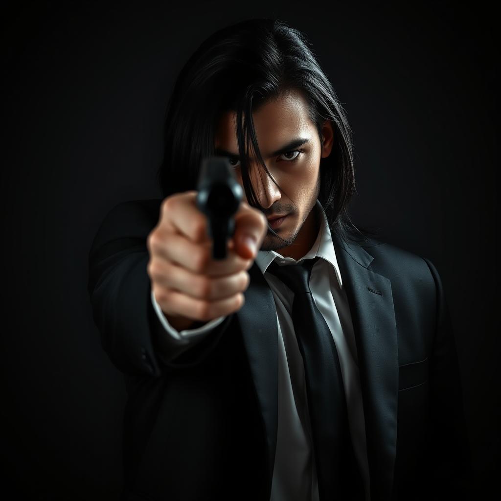 A male hitman with long black hair, pointing a firearm directly at the viewer, exuding an aura of menace and mystery