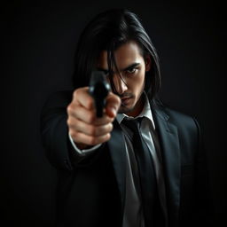 A male hitman with long black hair, pointing a firearm directly at the viewer, exuding an aura of menace and mystery