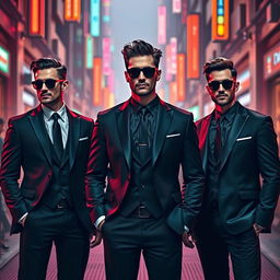 A stylish scene showcasing men dressed in sleek black suits with black ties and sunglasses, standing confidently against a futuristic urban backdrop