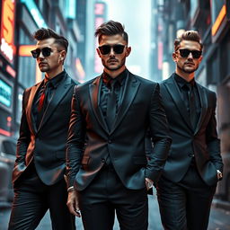 A stylish scene showcasing men dressed in sleek black suits with black ties and sunglasses, standing confidently against a futuristic urban backdrop