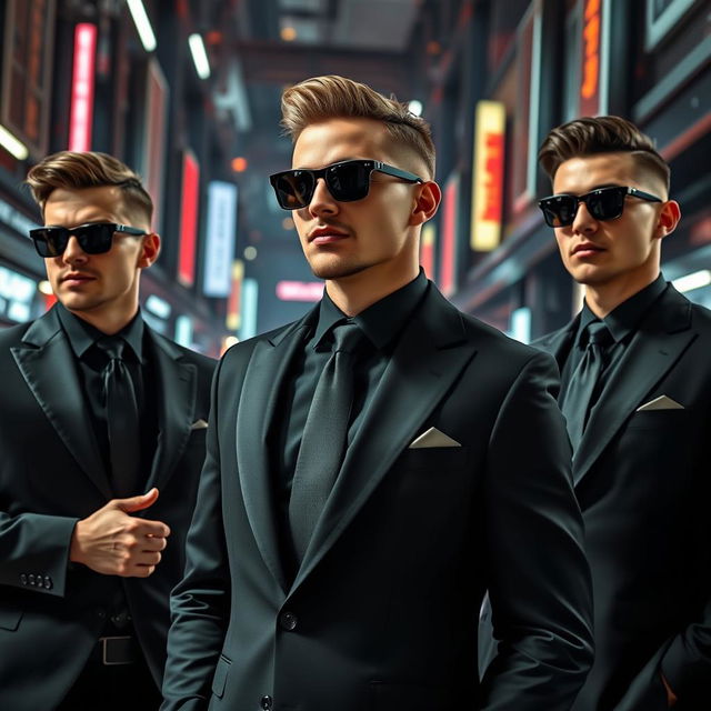 A stylish scene showcasing men dressed in sleek black suits with black ties and sunglasses, standing confidently against a futuristic urban backdrop