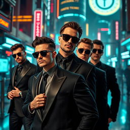 A stylish scene showcasing men dressed in sleek black suits with black ties and sunglasses, standing confidently against a futuristic urban backdrop