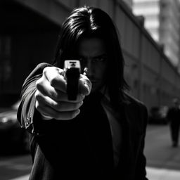 A male hitman with long black hair, pointing a firearm directly at the viewer, set in a striking black and white image