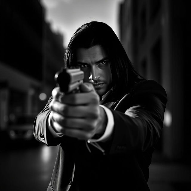 A male hitman with long black hair, pointing a firearm directly at the viewer, set in a striking black and white image