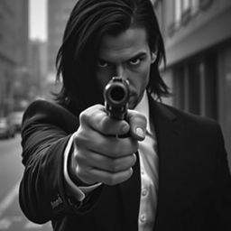 A male hitman with long black hair, pointing a firearm directly at the viewer, set in a striking black and white image