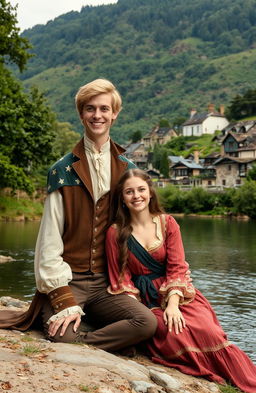 A young couple sitting by the shore of a serene river in the 1800s, smiling joyfully