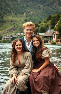 A young couple sitting by the shore of a serene river in the 1800s, smiling joyfully