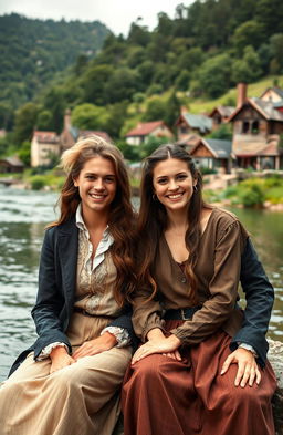 A young couple sitting by the shore of a serene river in the 1800s, smiling joyfully