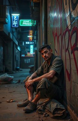 A gritty urban scene depicting a street prisoner sitting against a graffiti-covered wall, wearing tattered clothing and looking contemplative
