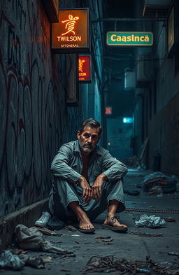 A gritty urban scene depicting a street prisoner sitting against a graffiti-covered wall, wearing tattered clothing and looking contemplative