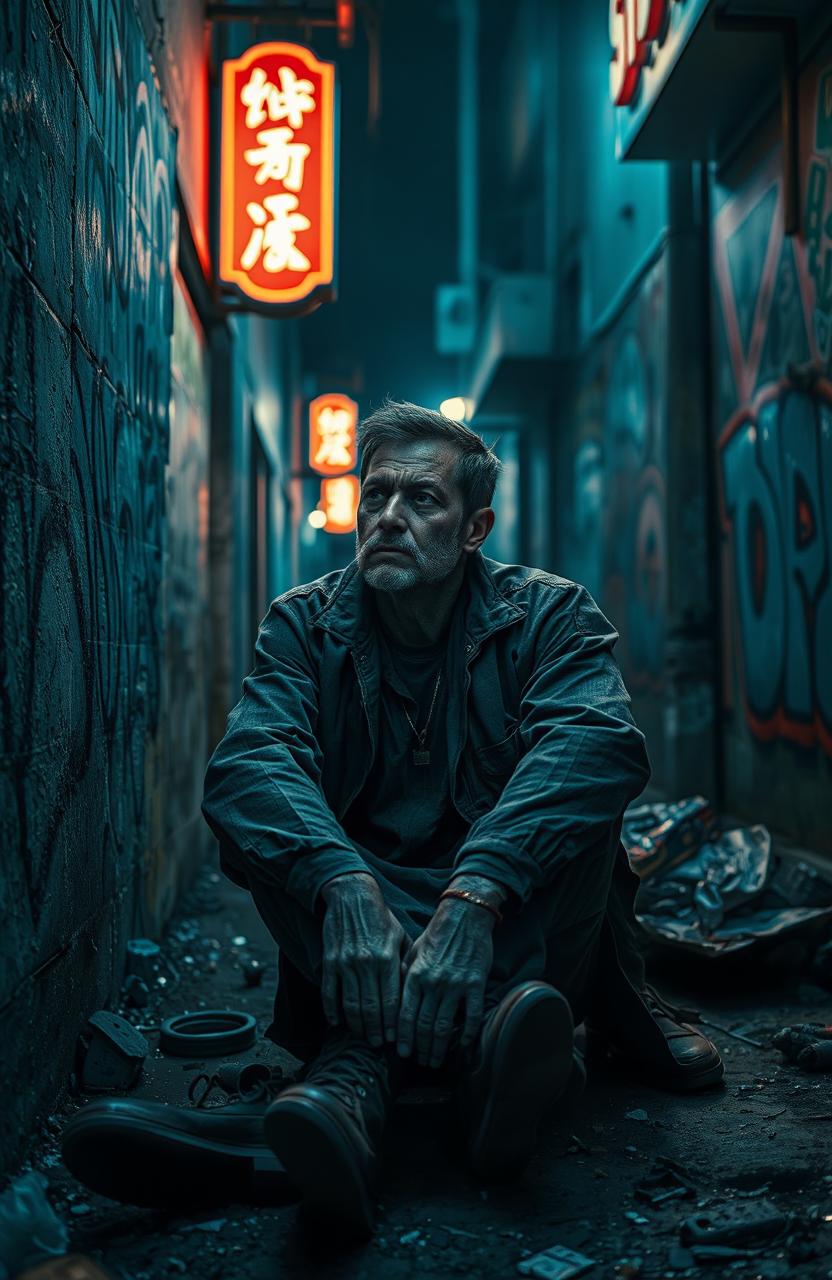 A gritty urban scene depicting a street prisoner sitting against a graffiti-covered wall, wearing tattered clothing and looking contemplative