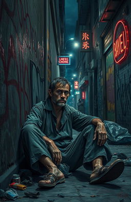 A gritty urban scene depicting a street prisoner sitting against a graffiti-covered wall, wearing tattered clothing and looking contemplative