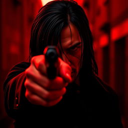 A male hitman with a mysterious expression, pointing a firearm directly at the viewer