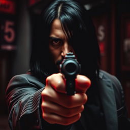 A male hitman with a mysterious expression, pointing a firearm directly at the viewer