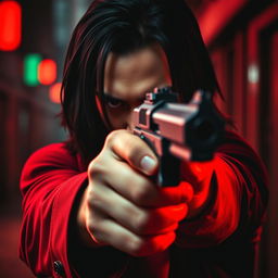 A male hitman with a mysterious expression, pointing a firearm directly at the viewer