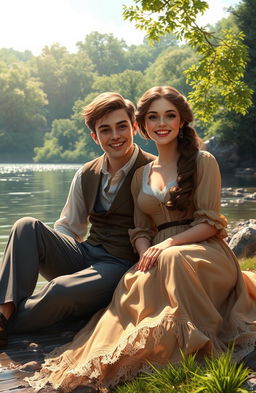 Digital art depicting a young couple from the 1800s, sitting contentedly at the shore of a river