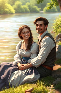 Digital art depicting a young couple from the 1800s, sitting contentedly at the shore of a river