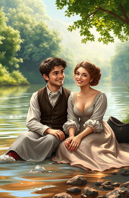 Digital art depicting a young couple from the 1800s, sitting contentedly at the shore of a river