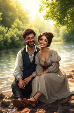 Digital art depicting a young couple from the 1800s, sitting contentedly at the shore of a river