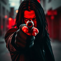 A male hitman with a mysterious expression, pointing a firearm directly at the viewer
