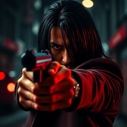 A male hitman with a mysterious expression, pointing a firearm directly at the viewer