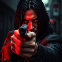 A male hitman with a mysterious expression, pointing a firearm directly at the viewer