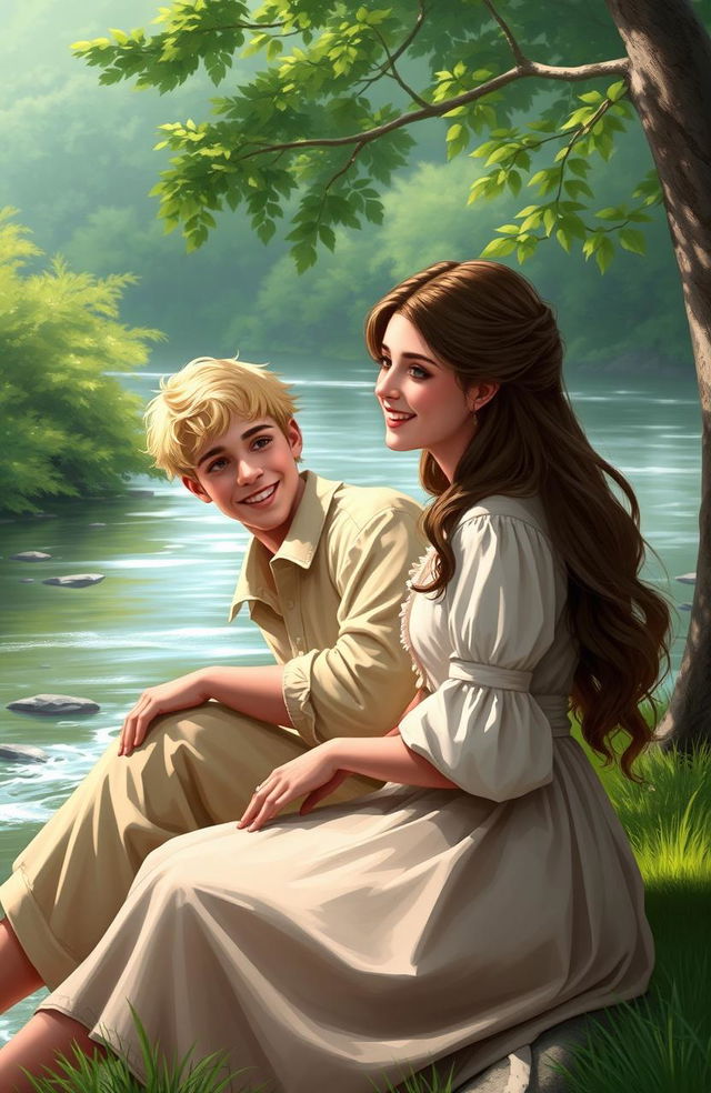 A digital artwork depicting a young couple from the 1800s, sitting by the shore of a serene river