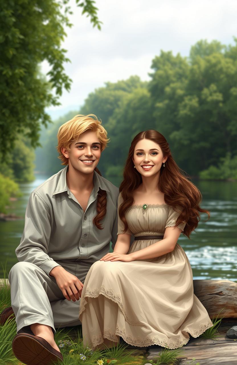 A digital artwork depicting a young couple from the 1800s, sitting by the shore of a serene river