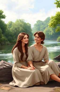 A digital artwork depicting a young couple from the 1800s, sitting by the shore of a serene river