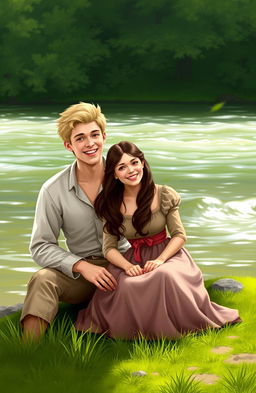 A digital artwork depicting a young couple from the 1800s, sitting by the shore of a serene river