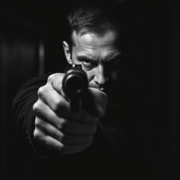 A male hitman with a mysterious expression, pointing a firearm directly at the viewer in a striking black and white image