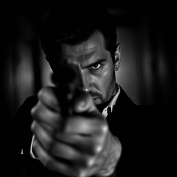 A male hitman with a mysterious expression, pointing a firearm directly at the viewer in a striking black and white image