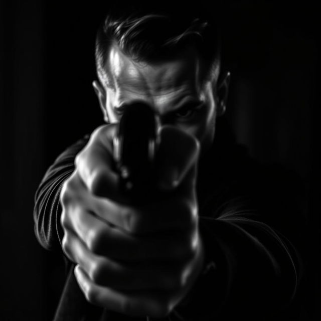 A male hitman with a mysterious expression, pointing a firearm directly at the viewer in a striking black and white image