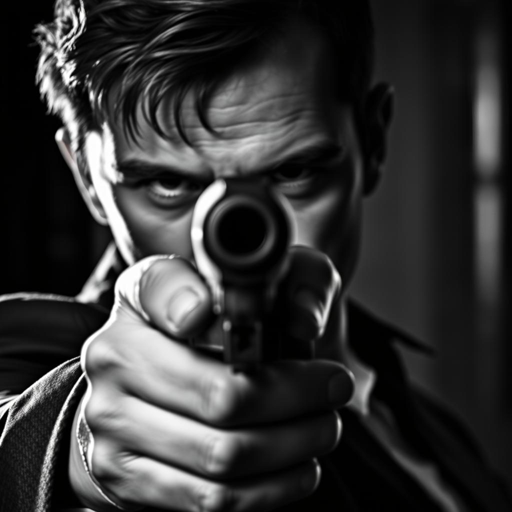 A male hitman with a mysterious expression, pointing a firearm directly at the viewer in a striking black and white image