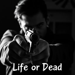 A male hitman with a mysterious expression, pointing a firearm directly at the viewer in a striking black and white image