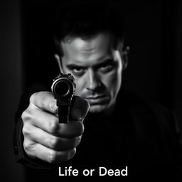 A male hitman with a mysterious expression, pointing a firearm directly at the viewer in a striking black and white image