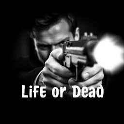 A male hitman with a mysterious expression, pointing a firearm directly at the viewer in a striking black and white image