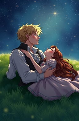 A romantic scene depicting a young couple in the 1800s, laying on a lush green grassy field, gazing up at a starry night sky while holding each other close