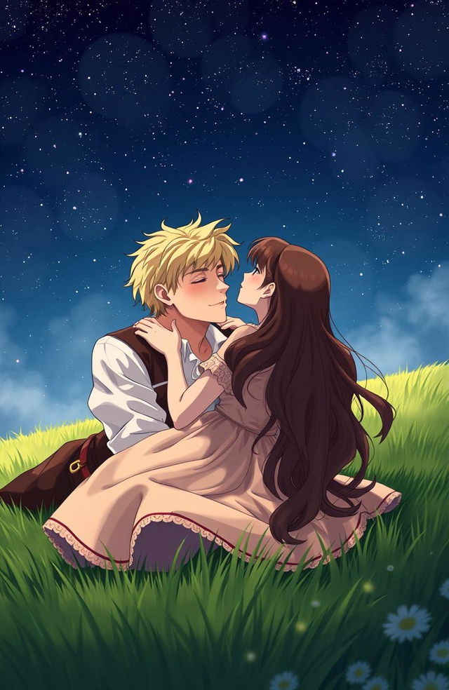 A romantic scene depicting a young couple in the 1800s, laying on a lush green grassy field, gazing up at a starry night sky while holding each other close