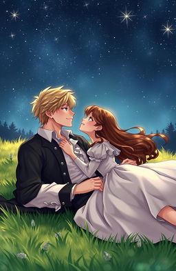 A romantic scene depicting a young couple in the 1800s, laying on a lush green grassy field, gazing up at a starry night sky while holding each other close