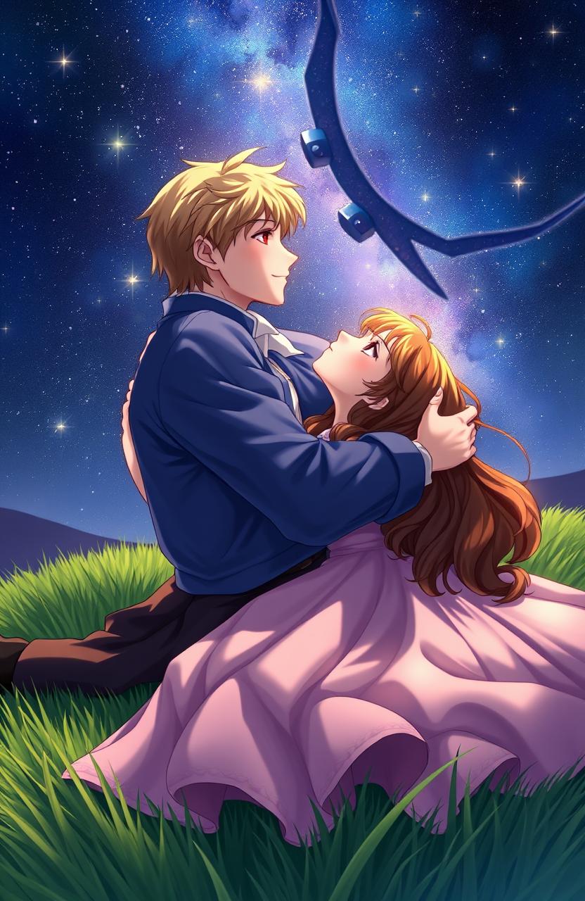 A romantic scene depicting a young couple in the 1800s, laying on a lush green grassy field, gazing up at a starry night sky while holding each other close