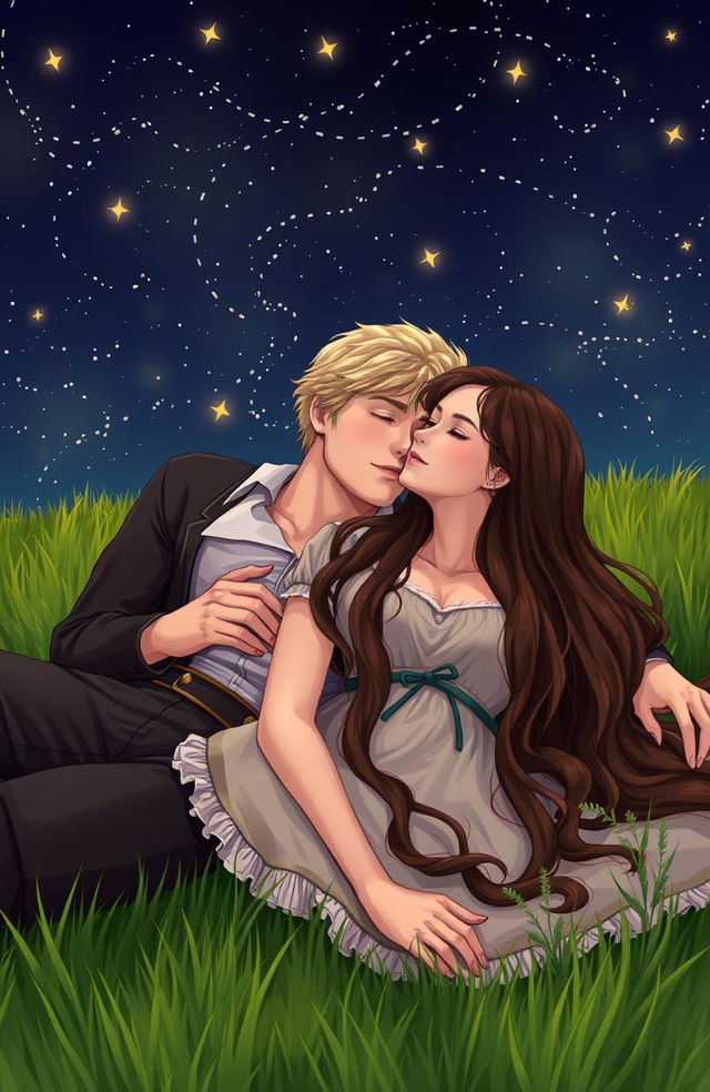 A romantic scene set in the 1800s, depicting a young couple lying on the grass, gazing at the stars