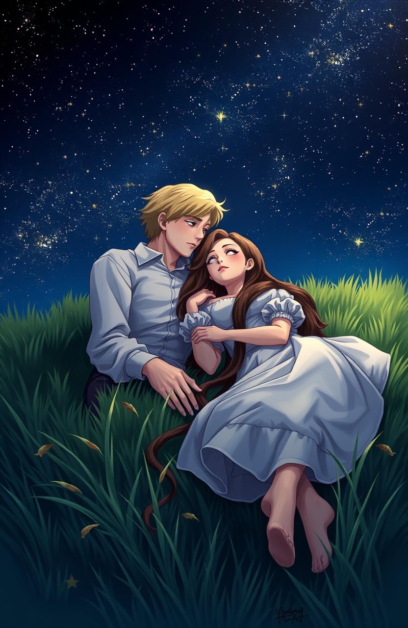 A romantic scene set in the 1800s, depicting a young couple lying on the grass, gazing at the stars