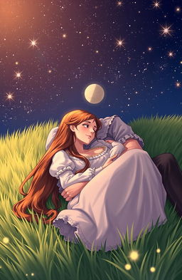A romantic scene set in the 1800s, depicting a young couple lying on the grass, gazing at the stars