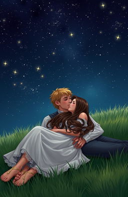 A romantic scene set in the 1800s, depicting a young couple lying on the grass, gazing at the stars
