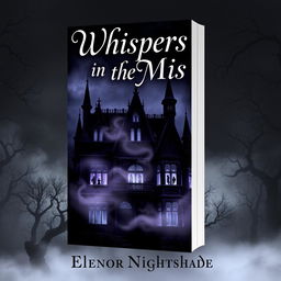 A chilling book cover design for 'Whispers in the Mist' by Eleanor Nightshade, featuring a dark, atmospheric scene of a gothic mansion shrouded in fog