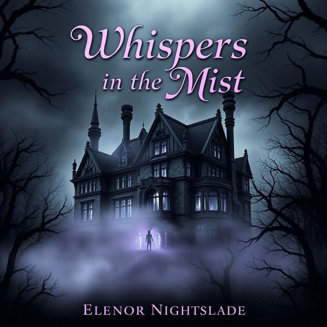 A chilling book cover design for 'Whispers in the Mist' by Eleanor Nightshade, featuring a dark, atmospheric scene of a gothic mansion shrouded in fog